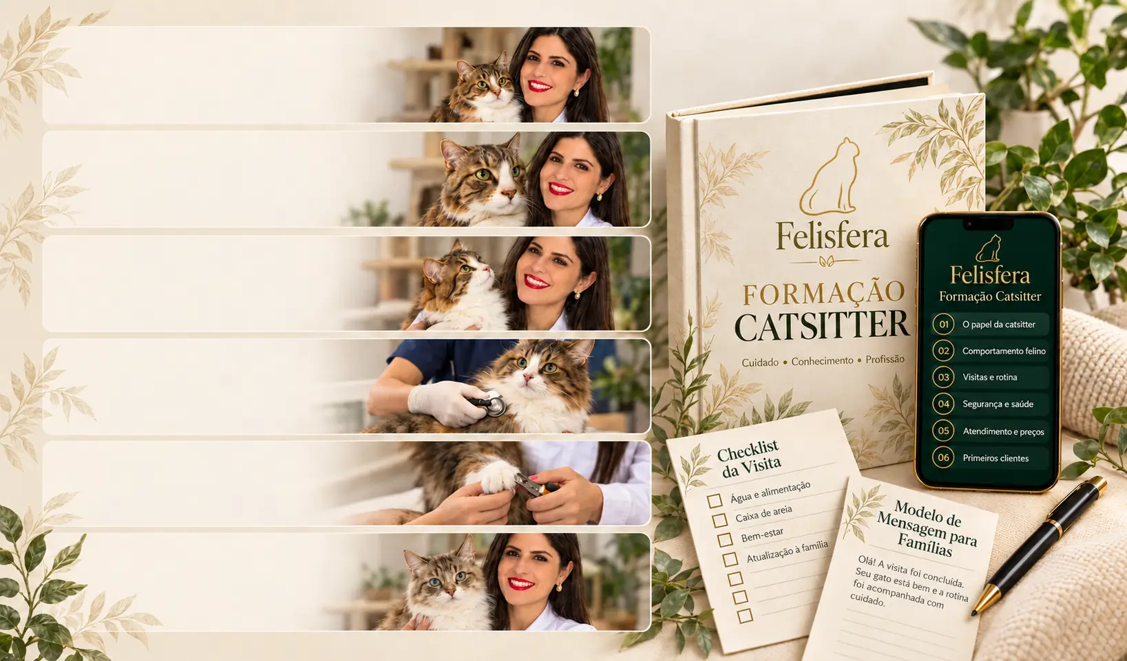 Material da Formação Catsitter Felisfera: livro do curso, checklist de visita, modelo de mensagem para famílias e a lista de módulos no aplicativo